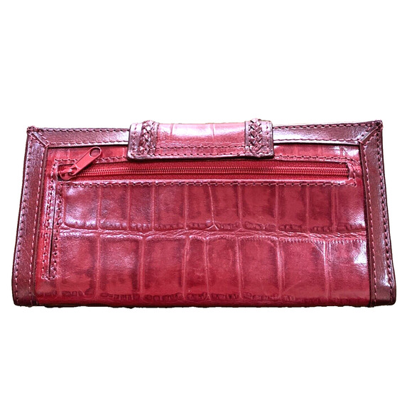 Vintage Y2K Red Leather Checkbook Wallet Moc Croc Silver Heart Clutch Purse - Picture 3 of 8